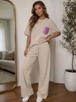 Short Sleeve Pink Glitter Pocket Design T-Shirt With Trouser
