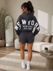 Slate Grey Oversized New York Printed Hoodie With Shorts Set