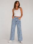 Blue Light Wash Strawberry Embroidered Wide Leg Jean