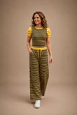 Ruched Short Sleeve Contrast Striped Top With Wide Leg Trouser