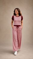 Ruched Short Sleeve Contrast Striped Top With Wide Leg Trouser