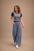Ruched Short Sleeve Contrast Striped Top With Wide Leg Trouser