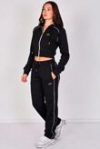 Black Printed Hooded Cropped Zip-Up & Side-Stripe Jogger Tracksuit Set