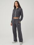 Grey Printed Hooded Cropped Zip-Up & Side-Stripe Jogger Tracksuit Set