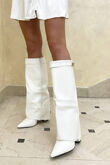 White Pointed Toe Gold Buckle Detail Knee High Boots