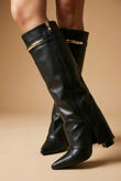 Brown Pointed Toe Gold Buckle Detail Knee High Boots