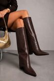 Brown Pointed Toe Gold Buckle Detail Knee High Boots