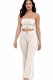 Beige Strapless Cropped Printed Top With Side Striped Flare Trouser