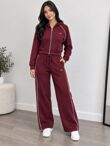 Hooded Elastic Cropped Printed Zip-Up & Side-Stripe Jogger Set