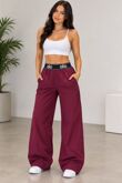 Wine Printed Contrast Waist Wide Leg Elastic Trousers