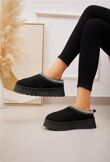 Black Embroidered Fluffy Platform Detail Faux Fur Lined Boots