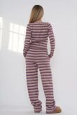 Wine Contrast Stripped Ribbed Molly Button Top And Wide Leg Trousers
