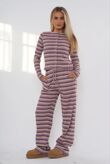 Wine Contrast Stripped Ribbed Molly Button Top And Wide Leg Trousers