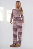 Wine Contrast Stripped Ribbed Molly Button Top And Wide Leg Trousers