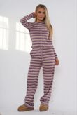 Wine Contrast Stripped Ribbed Molly Button Top And Wide Leg Trousers
