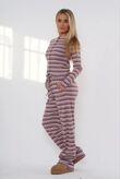 Wine Contrast Stripped Ribbed Molly Button Top And Wide Leg Trousers