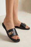 Black Flat Slide Sandals with Gold Padlock Buckle