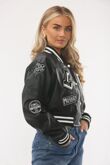 Black Faux Leather Cropped Varsity Bomber Jacket