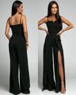 Black Front Slit Wide Leg Jumpsuit With Spaghetti Straps