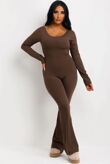 Chocolate Long Sleeve Scrunch Bum Seamless Flared Jumpsuit