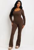 Chocolate Long Sleeve Scrunch Bum Seamless Flared Jumpsuit
