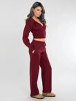 Wine Ribbed Corset Fit Hoodie With Straight Leg Trouser
