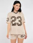 Oatmeal Leopard Base Print Varsity T-Shirt With Short Set