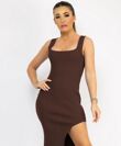 Chocolate Sleeveless Ribbed Side Split Knitted Midi Dress