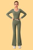 Khaki Contrast Sculpt V Neck Top And Flared Gym Set