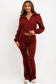 Wine Cropped Zipped Hoodie With Bell Bottom Trouser-