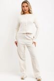 Ivory Ribbed Molly Button Through Top and Wide Leg Trousers