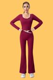 Wine Contrast Sculpt V Neck Top And Flared Gym Set
