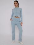 Sky Blue Ribbed Molly Button Through Top and Wide Leg Trousers