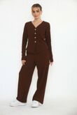 Chocolate Soft Ribbed Buttoned Cardigan With Wide Leg Trouser