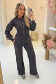 Slate Grey Snap Buttons Corset Fit Sweatshirt With Wide Leg Trouser