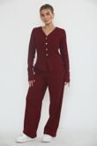 Wine Soft Ribbed Buttoned Cardigan With Wide Leg Trouser