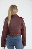Wine Faux Leather Cropped Belted Biker Jacket