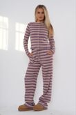 Wine Contrast Stripped Ribbed Molly Button Top And Wide Leg Trousers