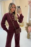 Wine Snap Buttons Corset Fit Sweatshirt With Wide Leg Trouser