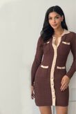 Brown Long Sleeve Knitted Gold Button Front Bodycon Dress