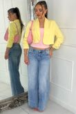 Yellow Ruched Sleeve Cropped Blazer