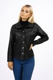 Black Studded Pu Leather Button Up Pocket Long Sleeve Shirt