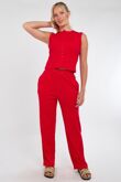 Red Ribbed Sleeveless Button Up Top With Wide Leg Trouser