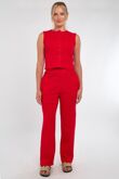 Red Ribbed Sleeveless Button Up Top With Wide Leg Trouser
