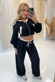 Contrast Cropped Zipped Hoodie With Wide Leg Trouser