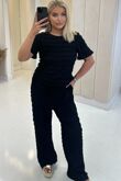 Short Sleeve Textured Top With Straight Leg Trouser