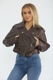 Chocolate Faux Leather Cropped Belted Biker Jacket