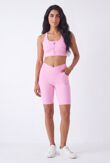 Pink Zip Front Printed Gym Crop Top With Cycling Short Set