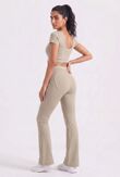 Beige V Neck Crop Top With High Waist Flare Leggings