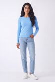 Sky Blue Crew Neck Printed Slim Fit Stretch Ribbed Top